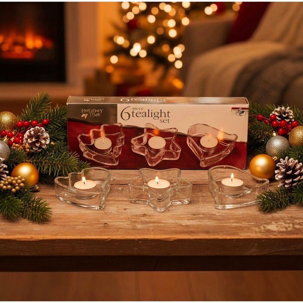 Holiday Time 6 Piece Clear Glass Tealight Candle Holder Set Star Tree Heart Box